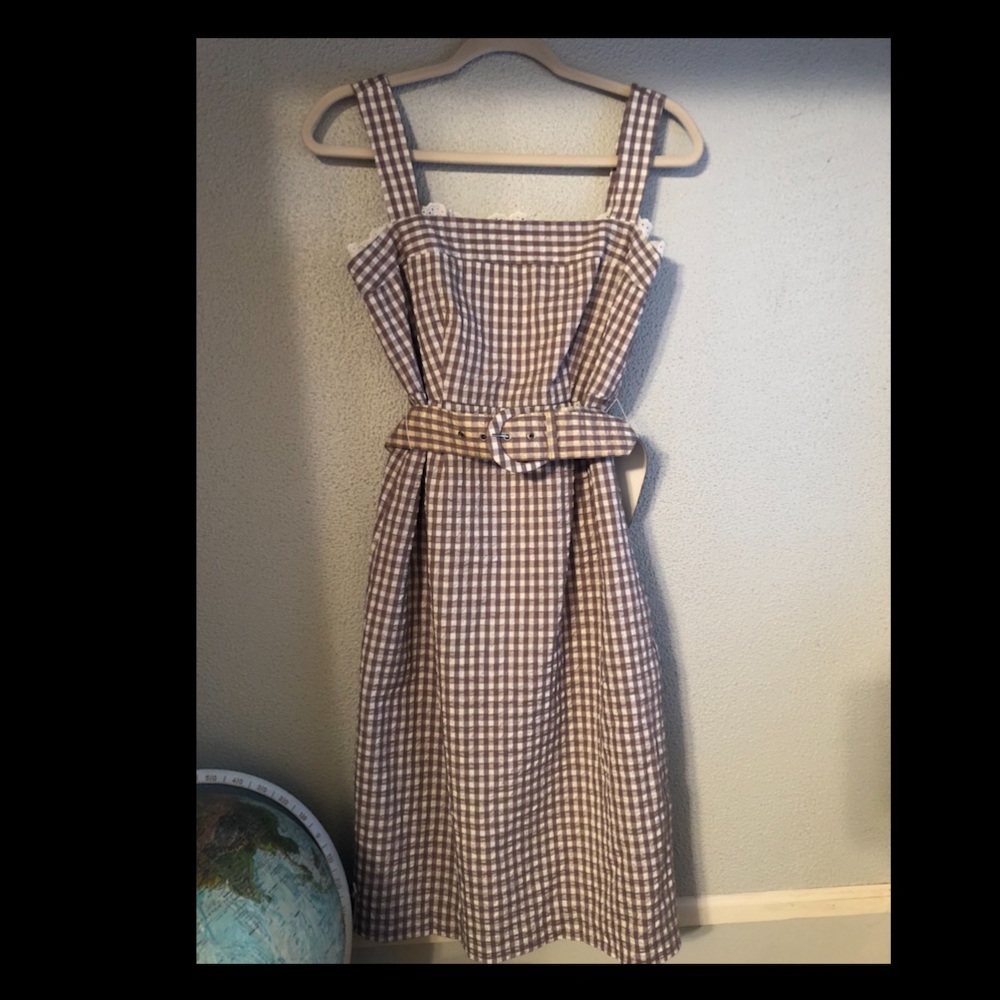Gingham tan & white dress